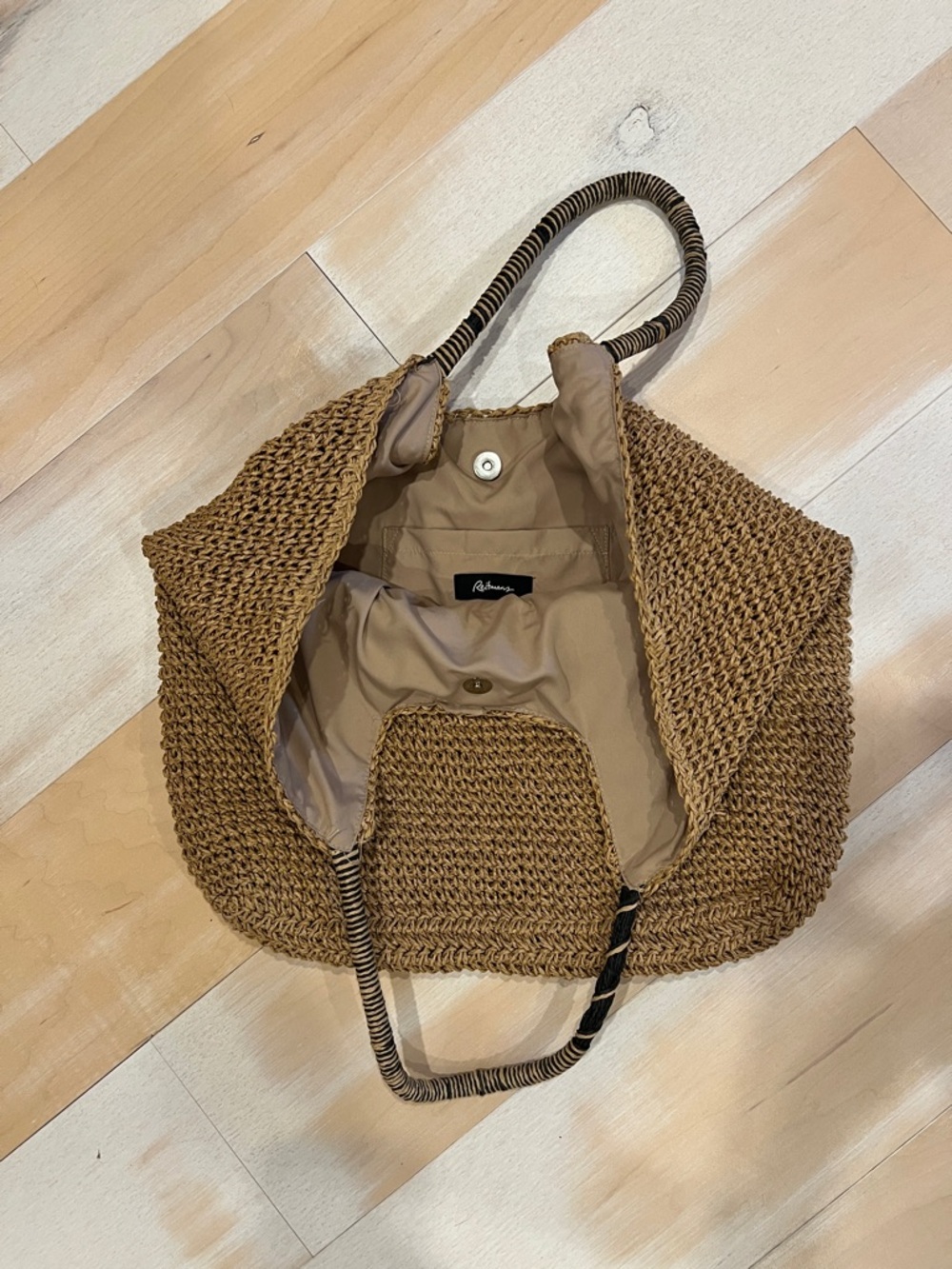 Reitmans Brown Woven Raffia Tote with Striped Handles - Picture 3 of 6